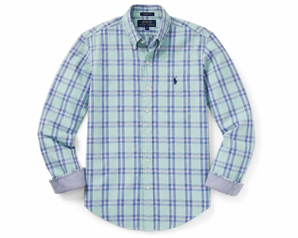 Polo Ralph Lauren Custom Fit Plaid Button Down Shirt Mint Blue Pink Medium